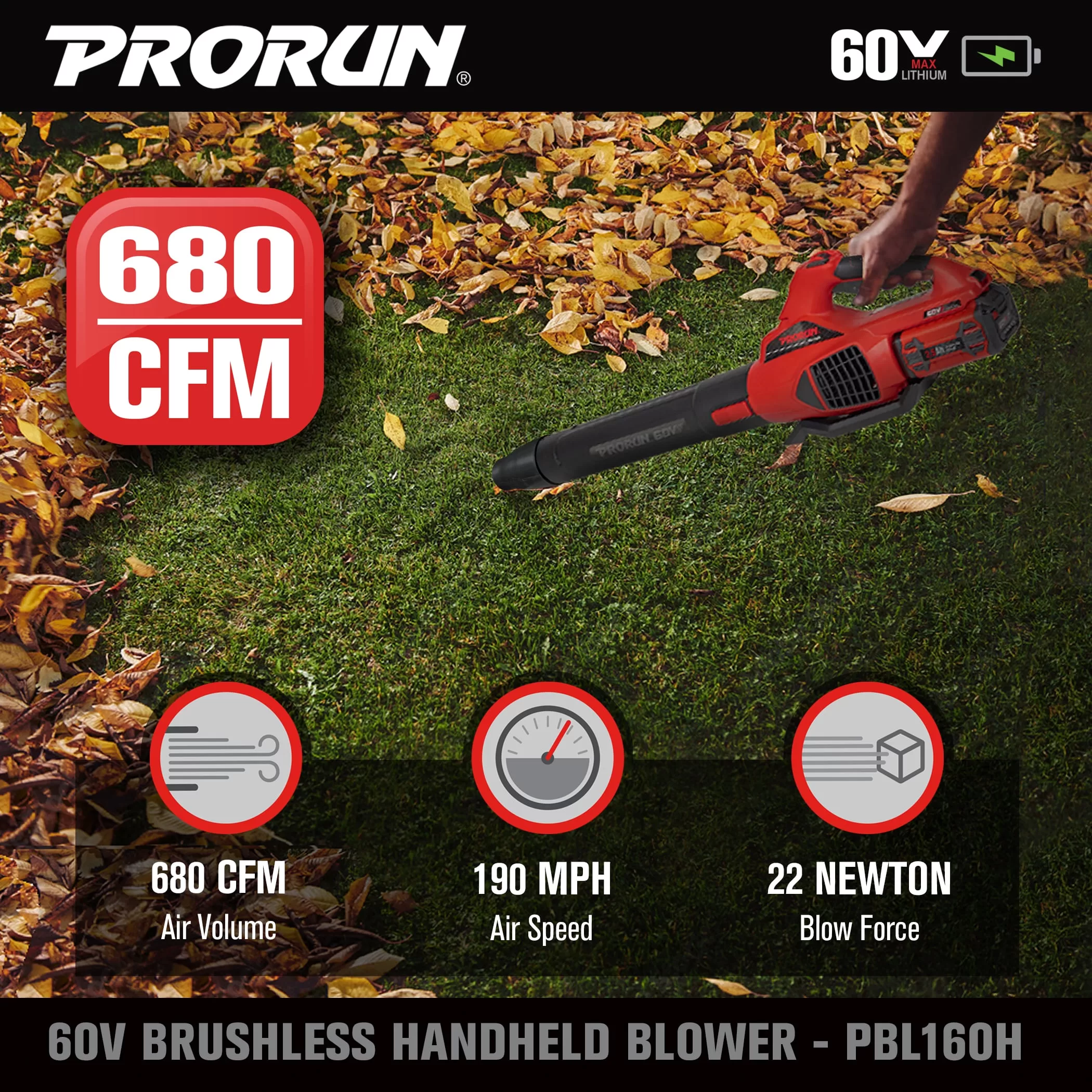 PRORUN PBL160H 60-volt Max 680-CFM 190-MPH Battery Handheld Leaf Blower 2.5 Ah (Battery and Charger Included)