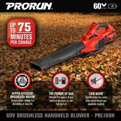 PRORUN PBL160H 60-volt Max 680-CFM 190-MPH Battery Handheld Leaf Blower 2.5 Ah (Battery and Charger Included)