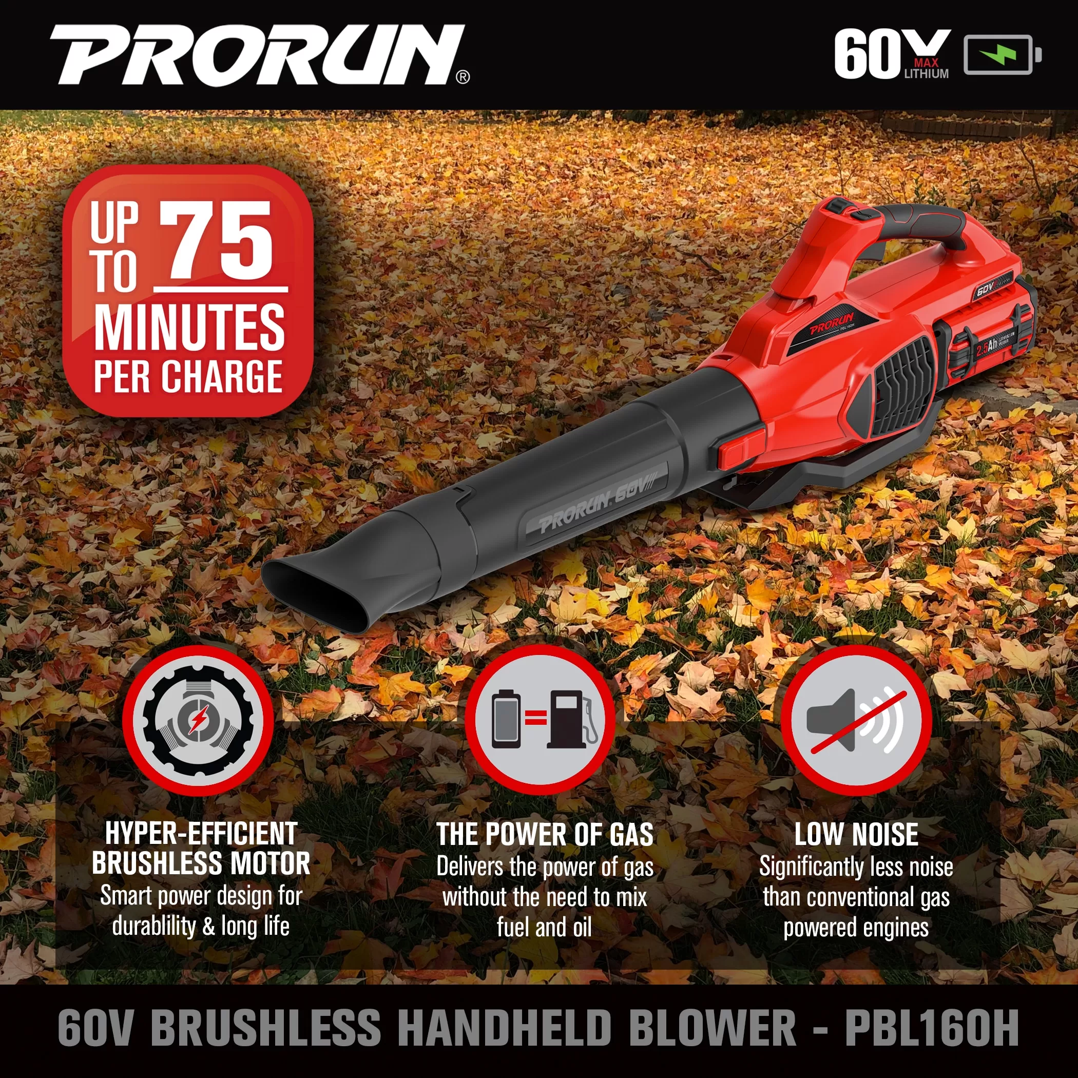 PRORUN PBL160H 60-volt Max 680-CFM 190-MPH Battery Handheld Leaf Blower 2.5 Ah (Battery and Charger Included)