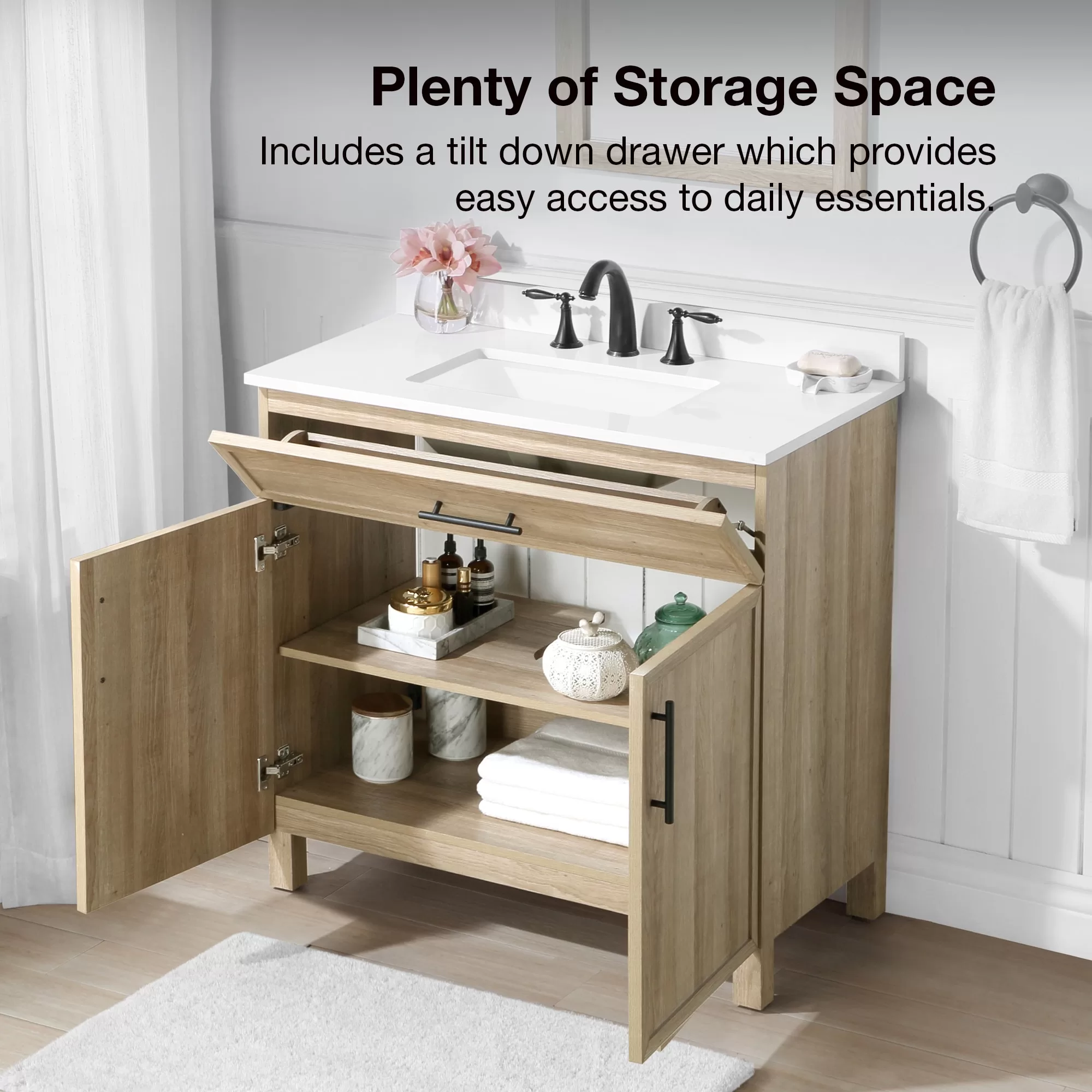 Style Selections Dolton 36-in Natural Oak Undermount Single Sink Bathroom Vanity with White Engineered Stone Top