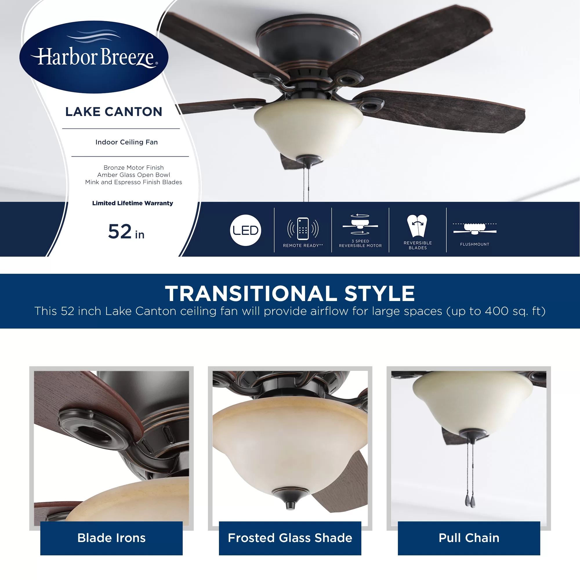 Harbor Breeze Lake Canton 52-in Bronze Indoor Flush Mount Ceiling Fan with Light (5-Blade)