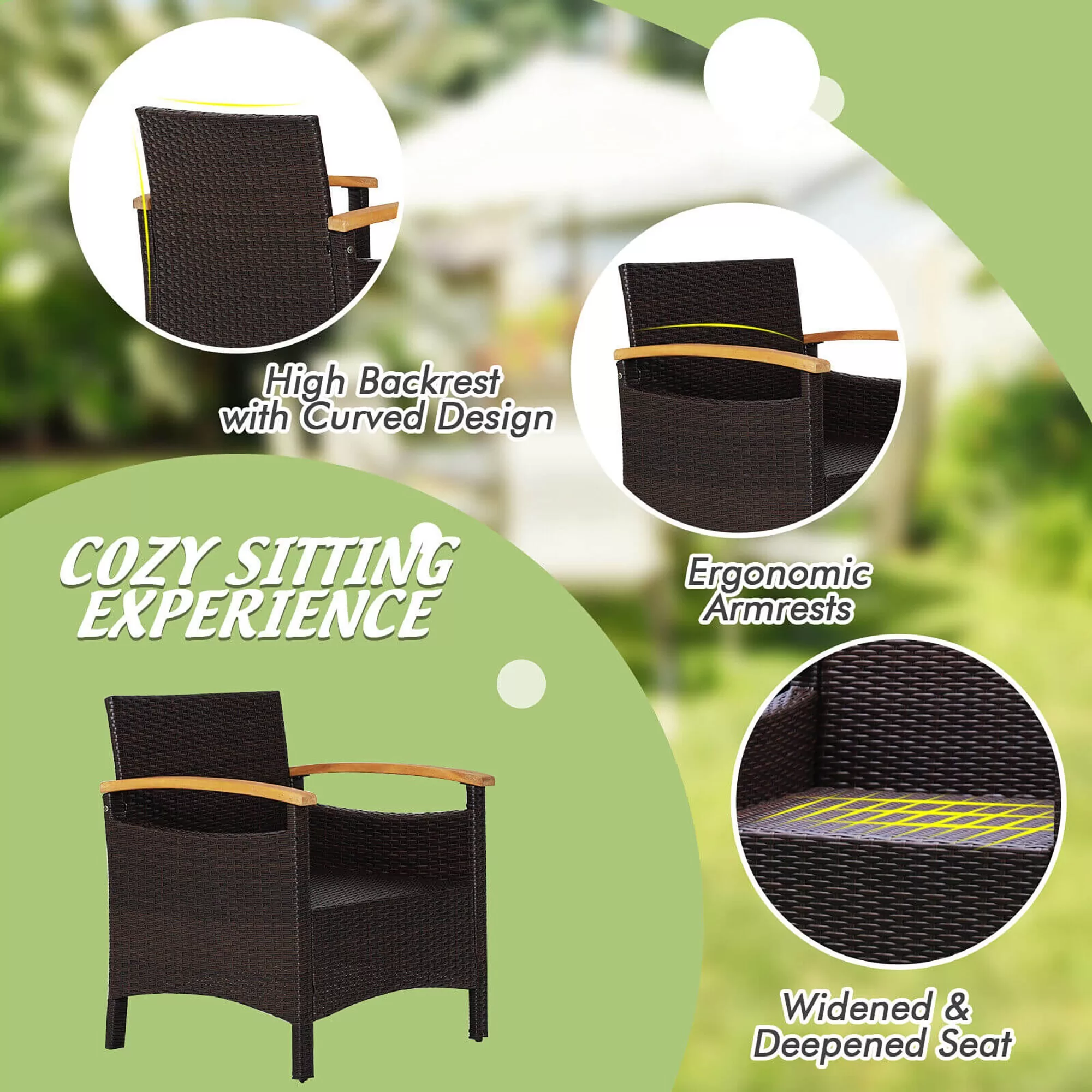 CASAINC Rattan Furniture Set 3-Piece Rattan Patio Conversation Set with Off-white Cushions