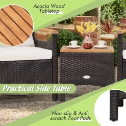CASAINC Rattan Furniture Set 3-Piece Rattan Patio Conversation Set with Off-white Cushions