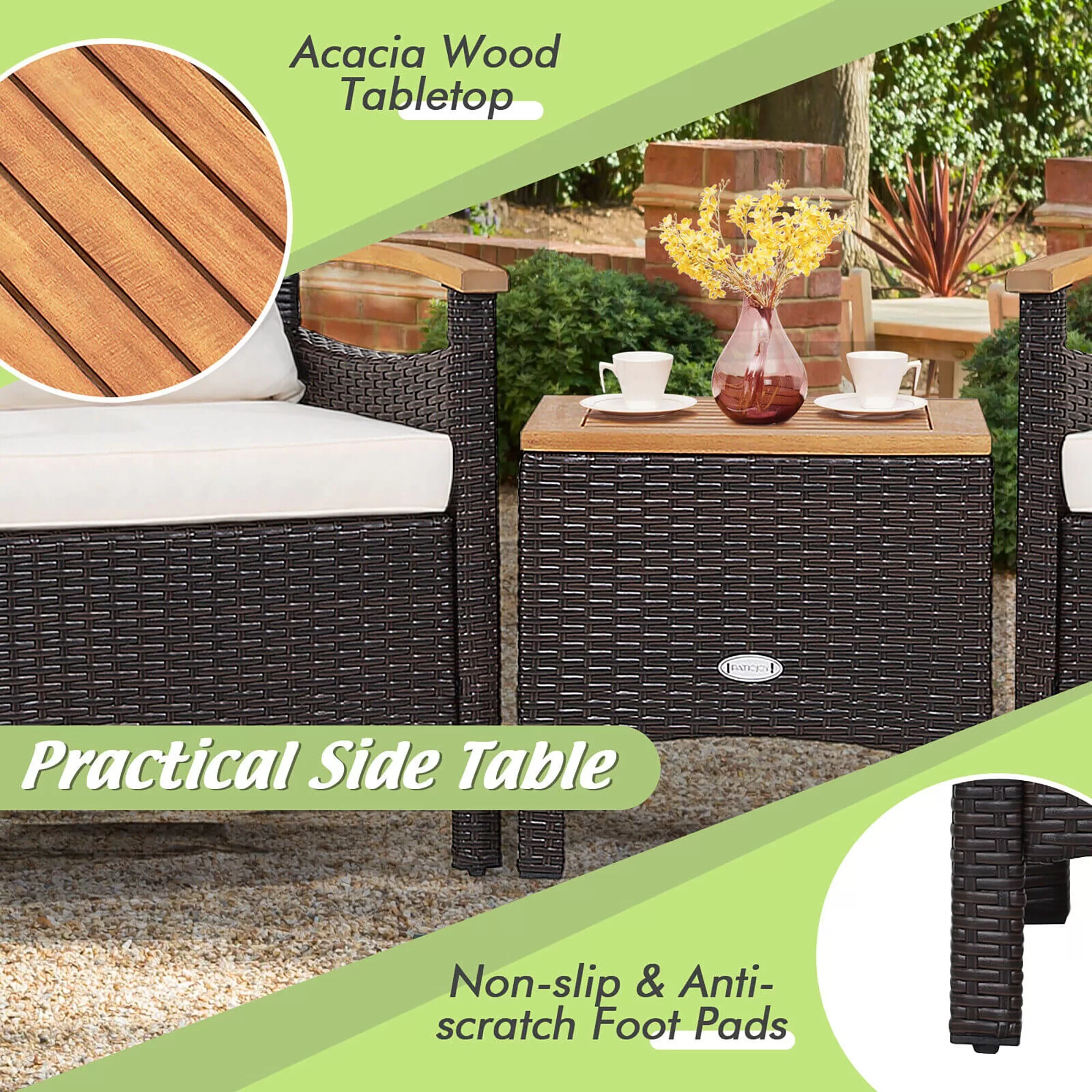 CASAINC Rattan Furniture Set 3-Piece Rattan Patio Conversation Set with Off-white Cushions