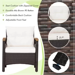 CASAINC Rattan Furniture Set 3-Piece Rattan Patio Conversation Set with Off-white Cushions