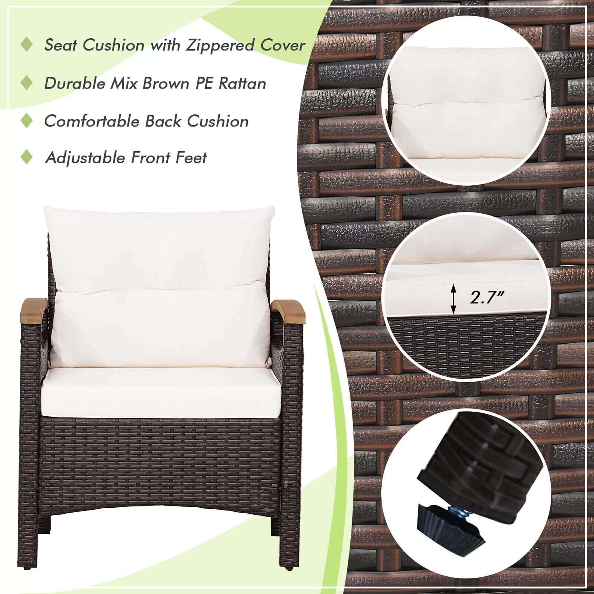 CASAINC Rattan Furniture Set 3-Piece Rattan Patio Conversation Set with Off-white Cushions