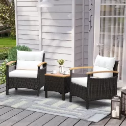 CASAINC Rattan Furniture Set 3-Piece Rattan Patio Conversation Set with Off-white Cushions