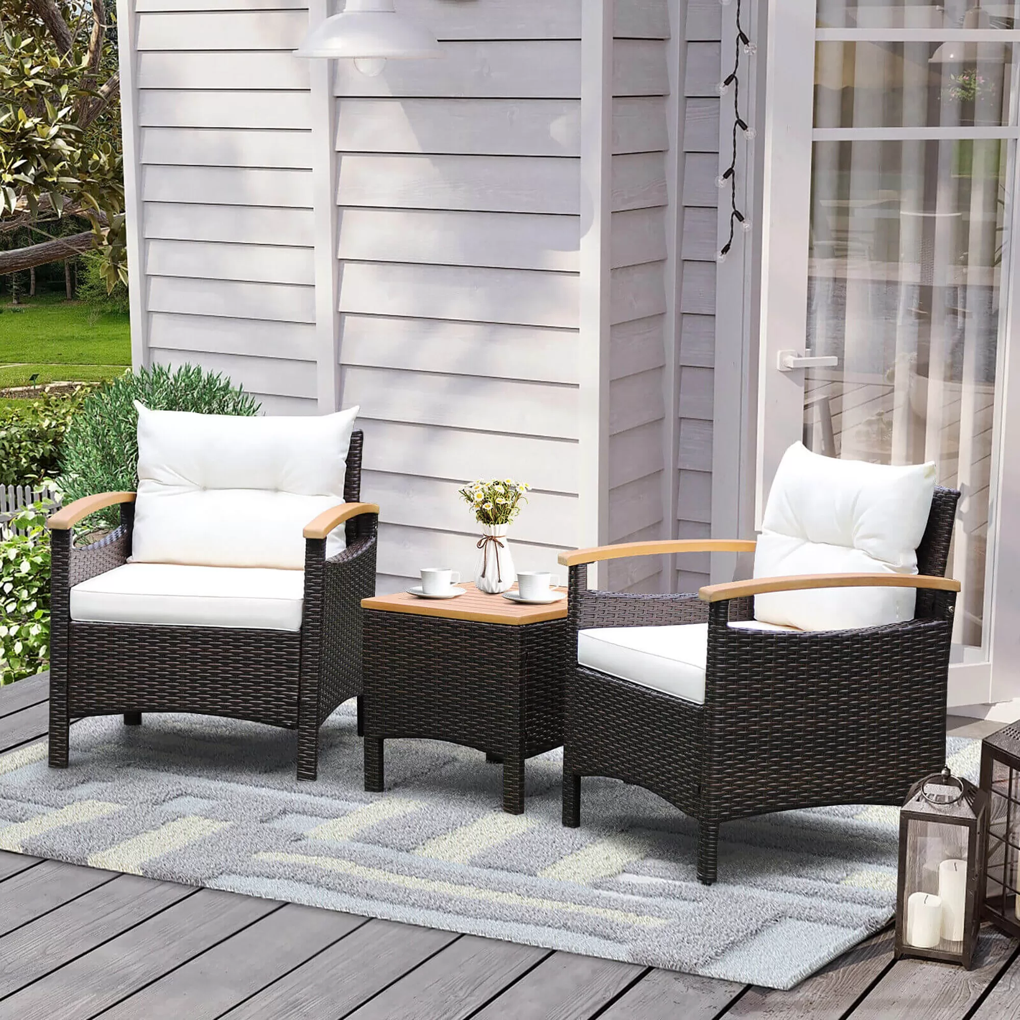 CASAINC Rattan Furniture Set 3-Piece Rattan Patio Conversation Set with Off-white Cushions