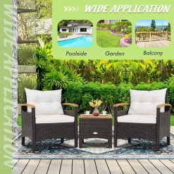 CASAINC Rattan Furniture Set 3-Piece Rattan Patio Conversation Set with Off-white Cushions