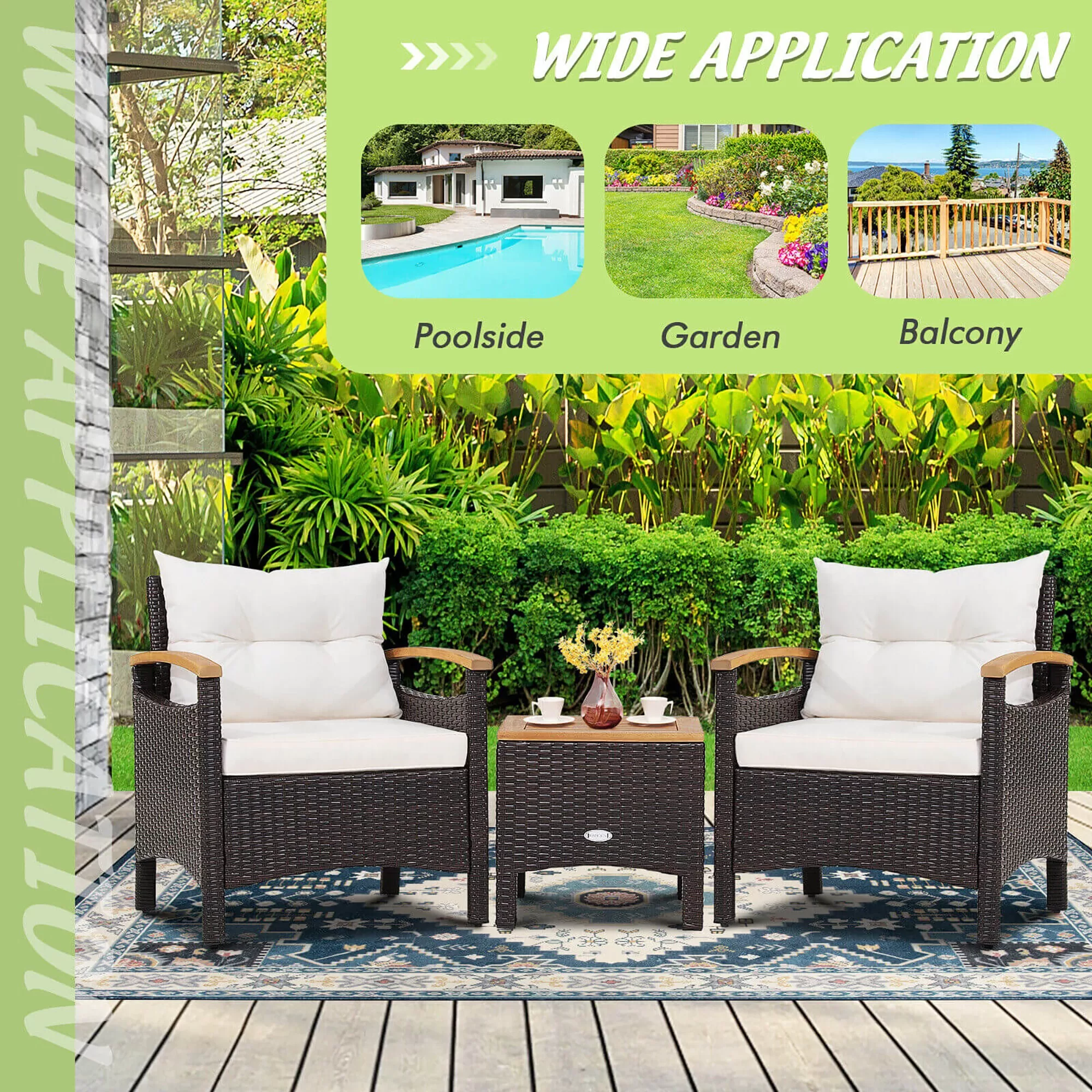 CASAINC Rattan Furniture Set 3-Piece Rattan Patio Conversation Set with Off-white Cushions