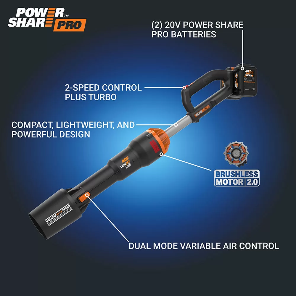 WORX NITRO POWER SHARE 40-volt 620-CFM 165-MPH Battery Handheld Leaf Blower 4 Ah (Battery and Charger Included)