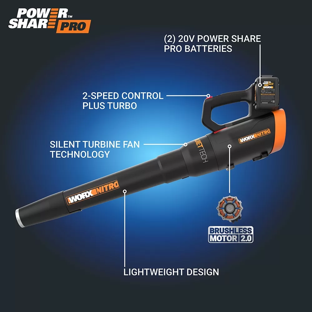 WORX NITRO POWER SHARE Quiet Tech 40-volt 530-CFM 180-MPH Battery Handheld Leaf Blower 4 Ah (Battery and Charger Included)