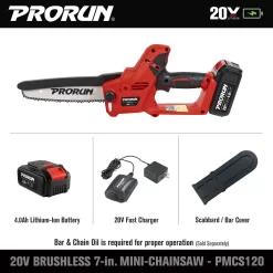PRORUN PMCS120 20-volt Max 7-in Brushless Battery 20 Amp 4 Ah Chainsaw (Battery and Charger Included)