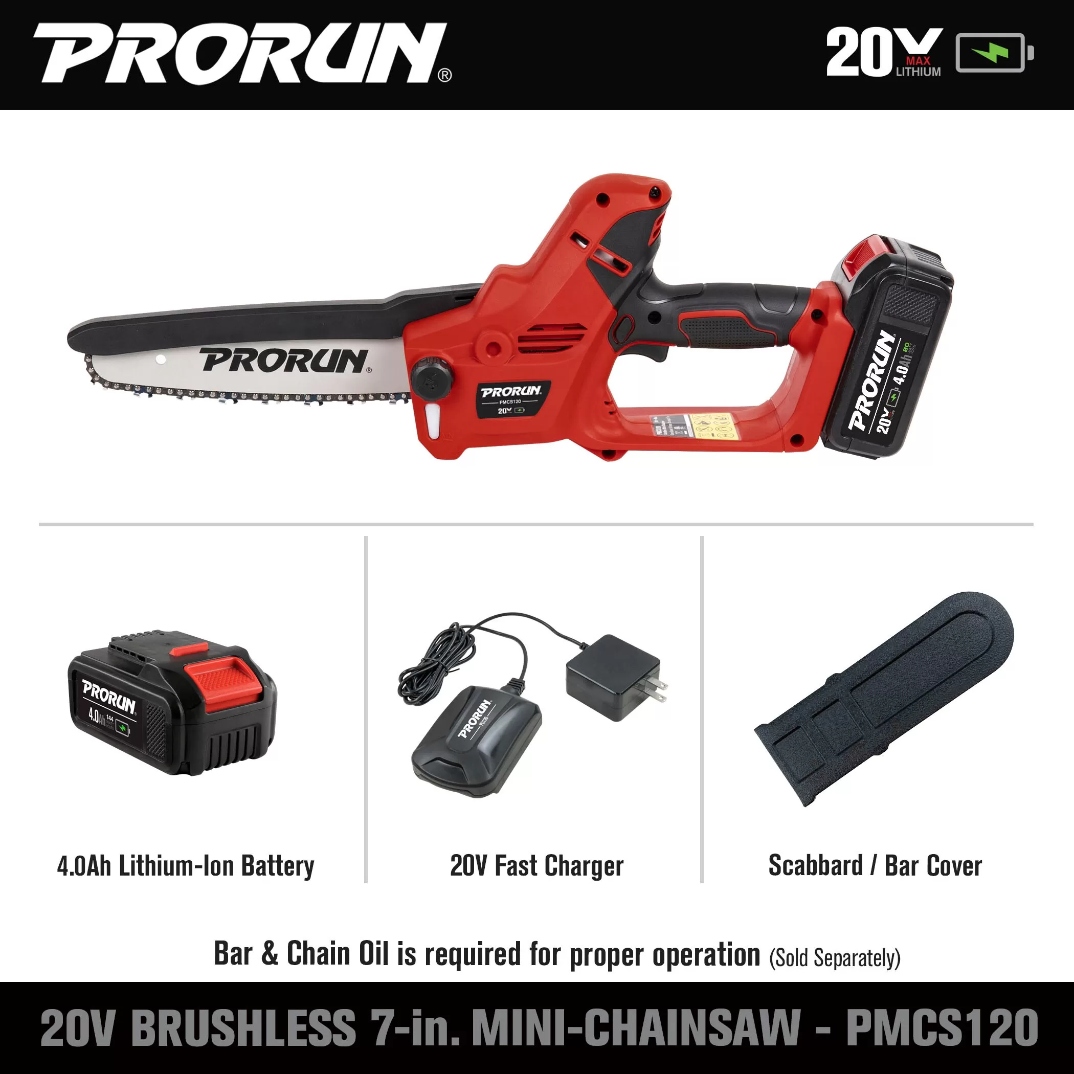 PRORUN PMCS120 20-volt Max 7-in Brushless Battery 20 Amp 4 Ah Chainsaw (Battery and Charger Included)
