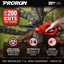 PRORUN PMCS120 20-volt Max 7-in Brushless Battery 20 Amp 4 Ah Chainsaw (Battery and Charger Included)