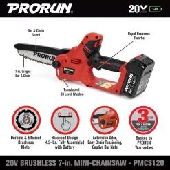 PRORUN PMCS120 20-volt Max 7-in Brushless Battery 20 Amp 4 Ah Chainsaw (Battery and Charger Included)