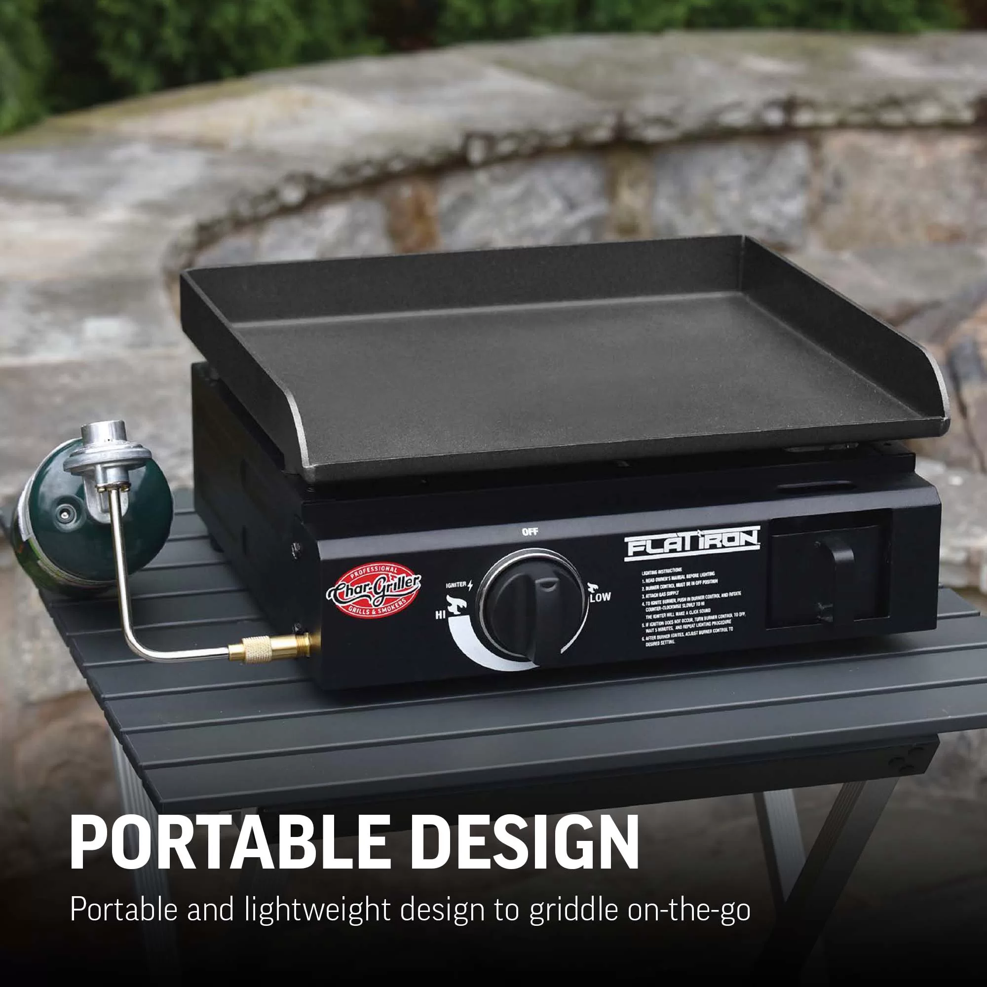 Char-Griller Flat Iron Portable Griddle 1-Burner Liquid Propane Flat Top Grill