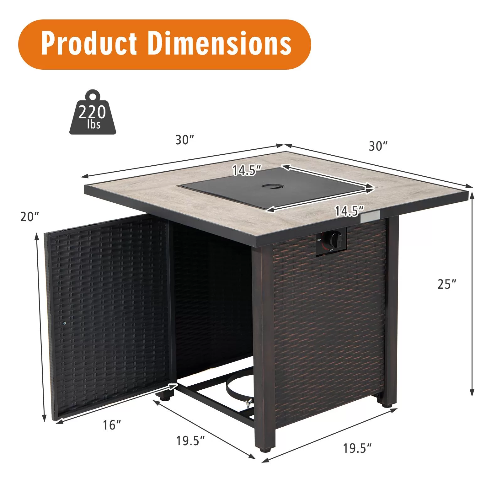 BABOOM Gas Fire Pits 30-in W 50000-BTU Black Portable Tabletop Steel Propane Gas Fire Pit Table