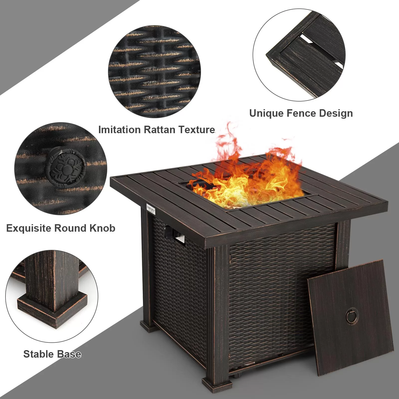 BABOOM Gas Fire Pits 30-in W 50000-BTU Bronze Portable Tabletop Steel Propane Gas Fire Pit Table