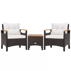 CASAINC Rattan Furniture Set 3-Piece Rattan Patio Conversation Set with Off-white Cushions