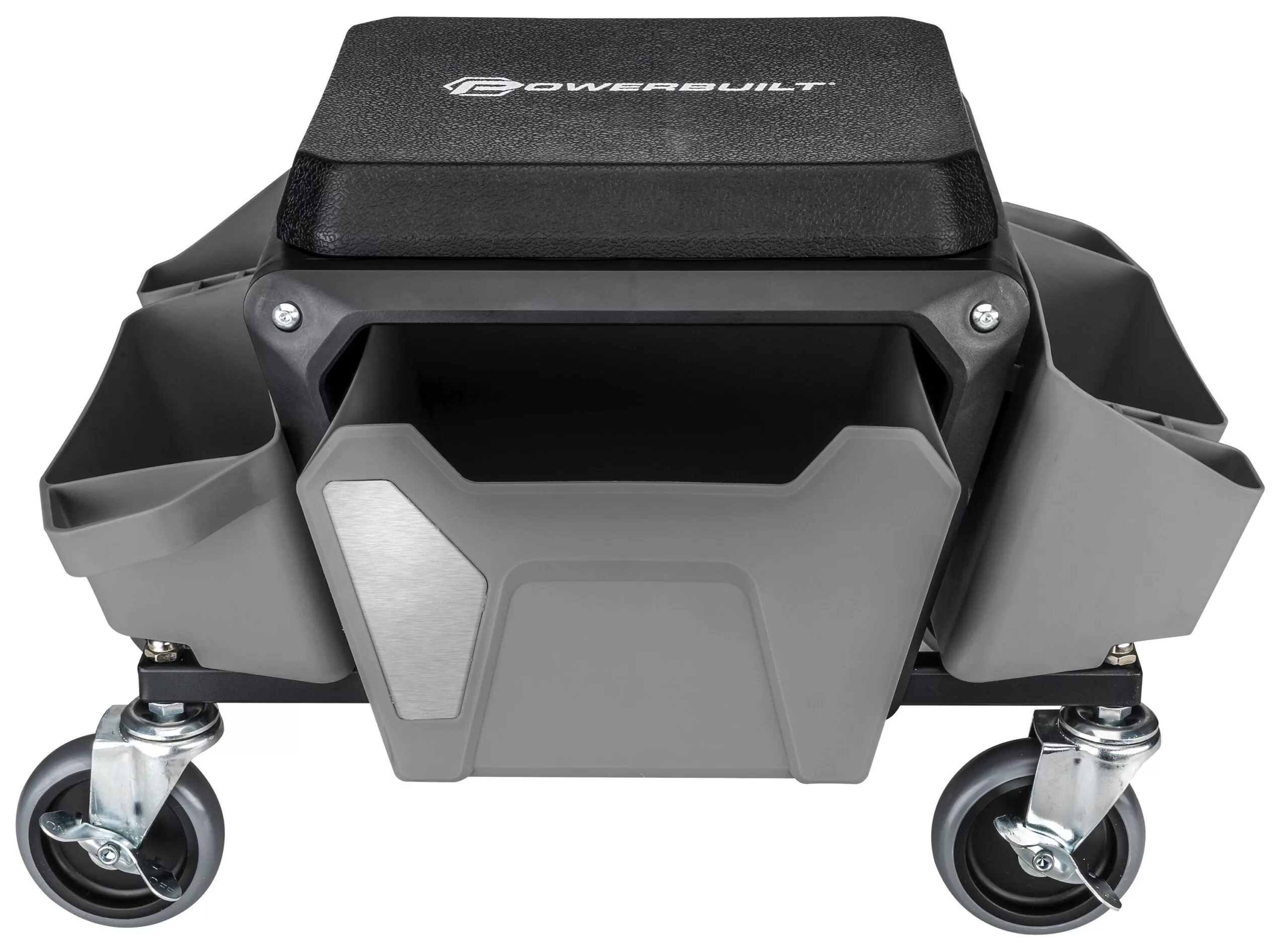 Powerbuilt 12.8-in x 19.68-in Gray Work Seat with Steel Frame and Storage Trays