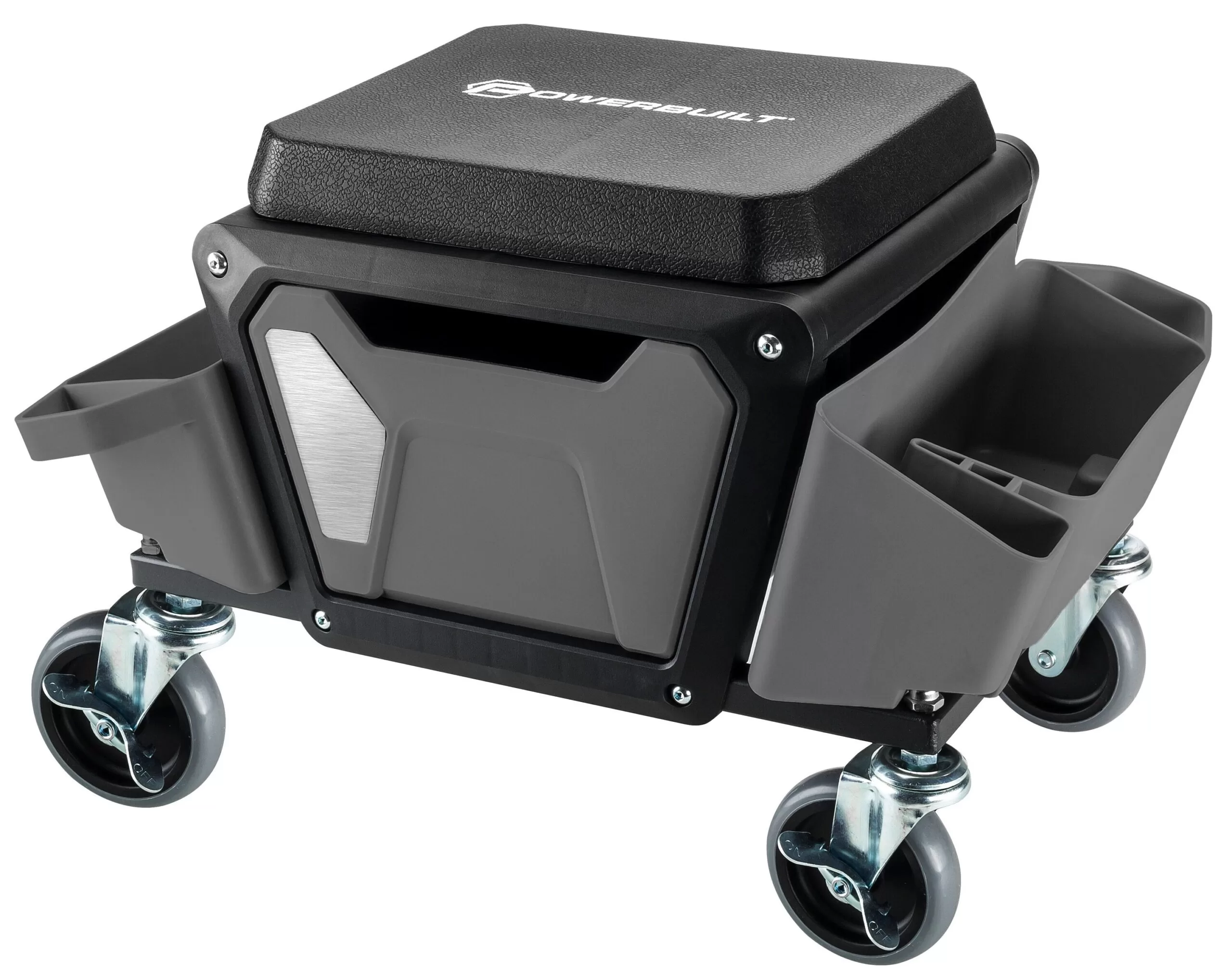 Powerbuilt 12.8-in x 19.68-in Gray Work Seat with Steel Frame and Storage Trays