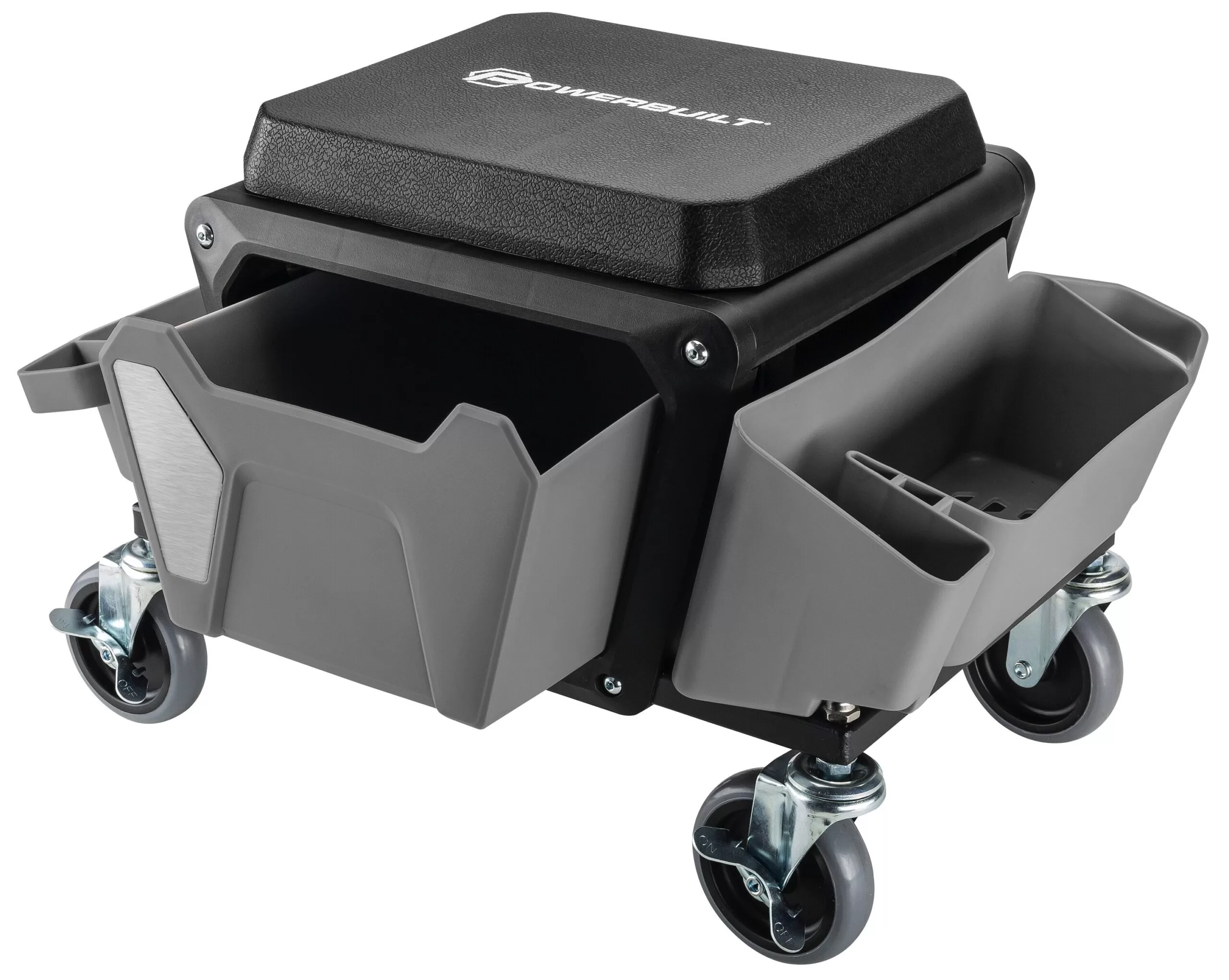 Powerbuilt 12.8-in x 19.68-in Gray Work Seat with Steel Frame and Storage Trays