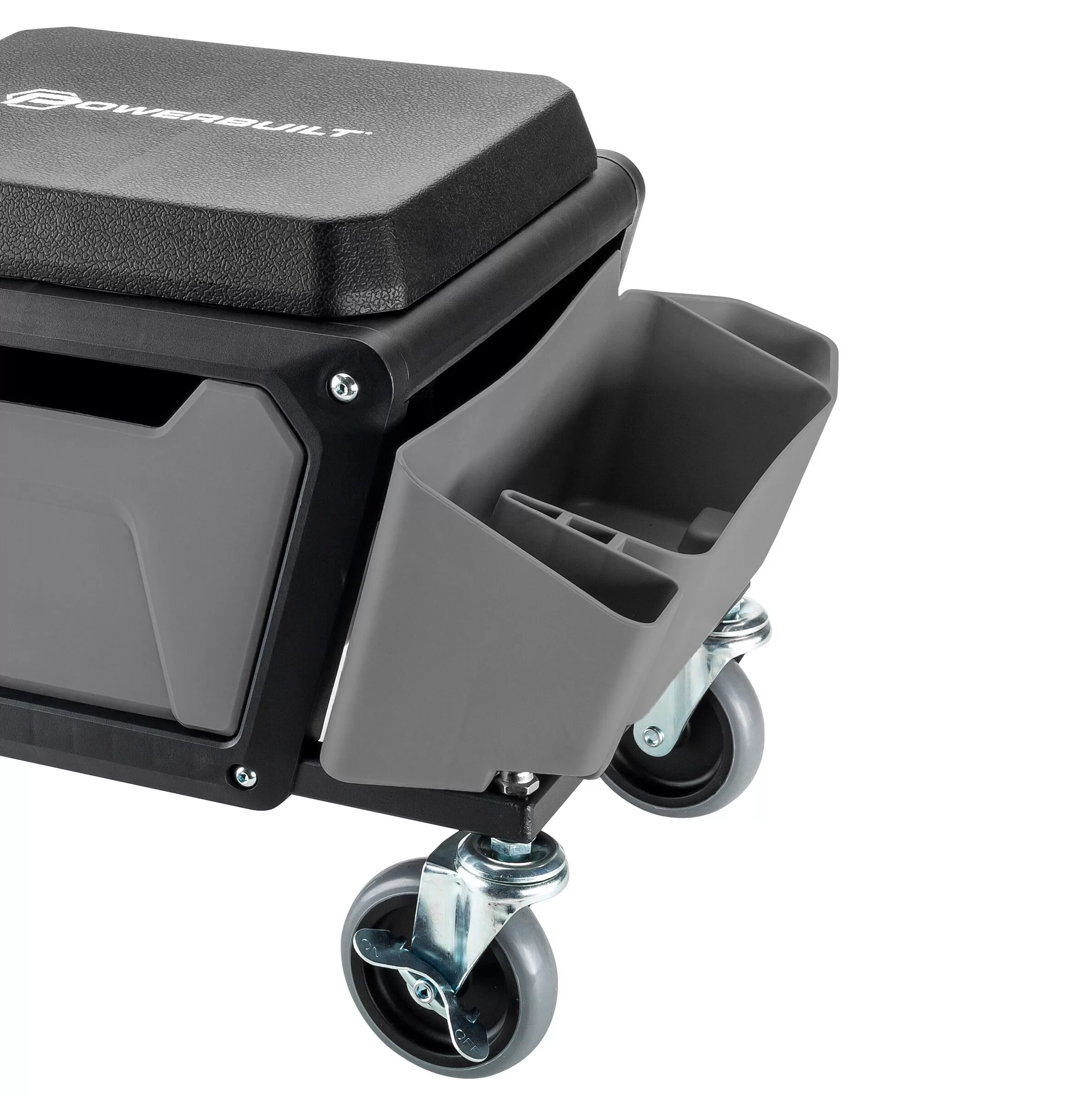 Powerbuilt 12.8-in x 19.68-in Gray Work Seat with Steel Frame and Storage Trays