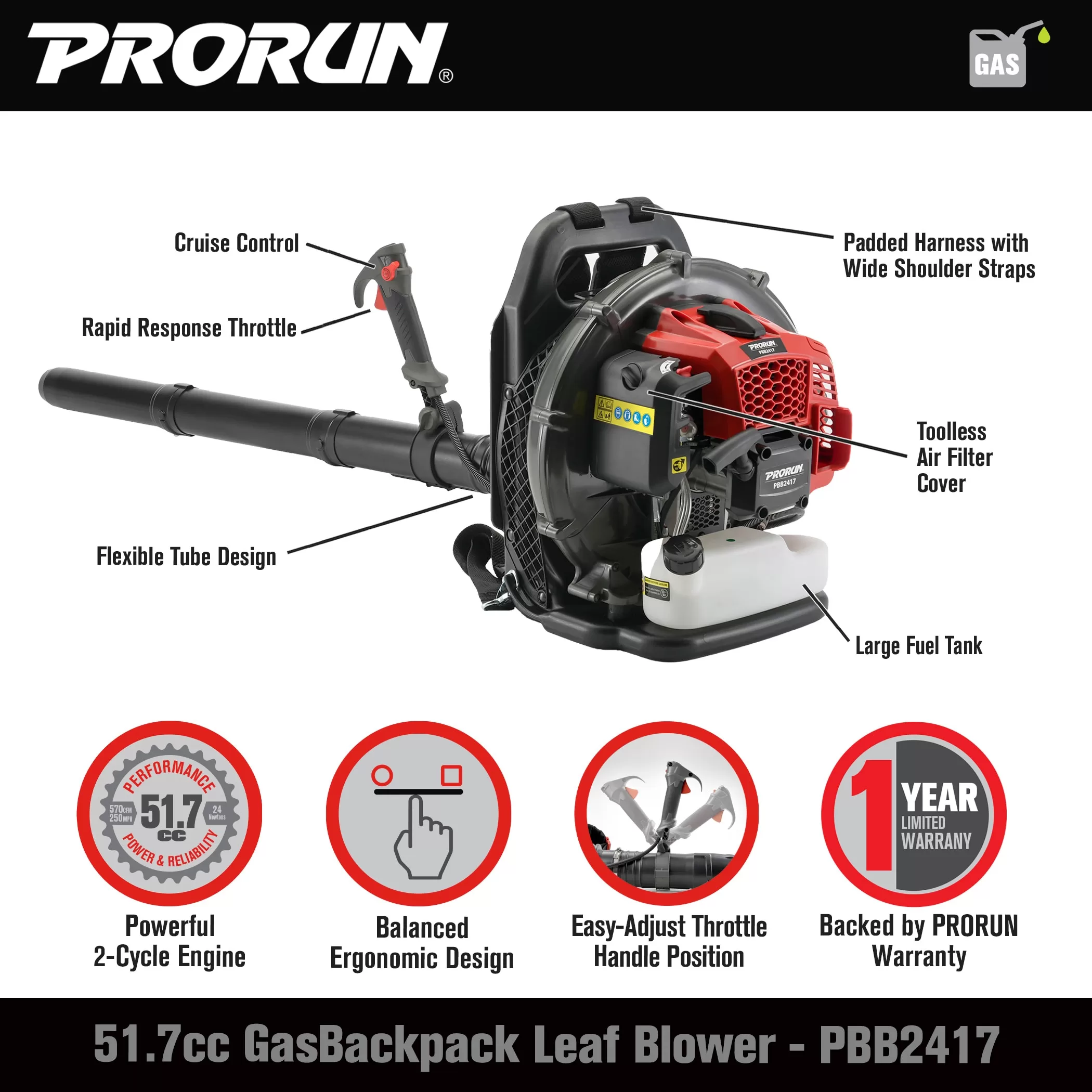 PRORUN PBB2417 51.7-cc 2-cycle 570-CFM 250-MPH Gas Backpack Leaf Blower