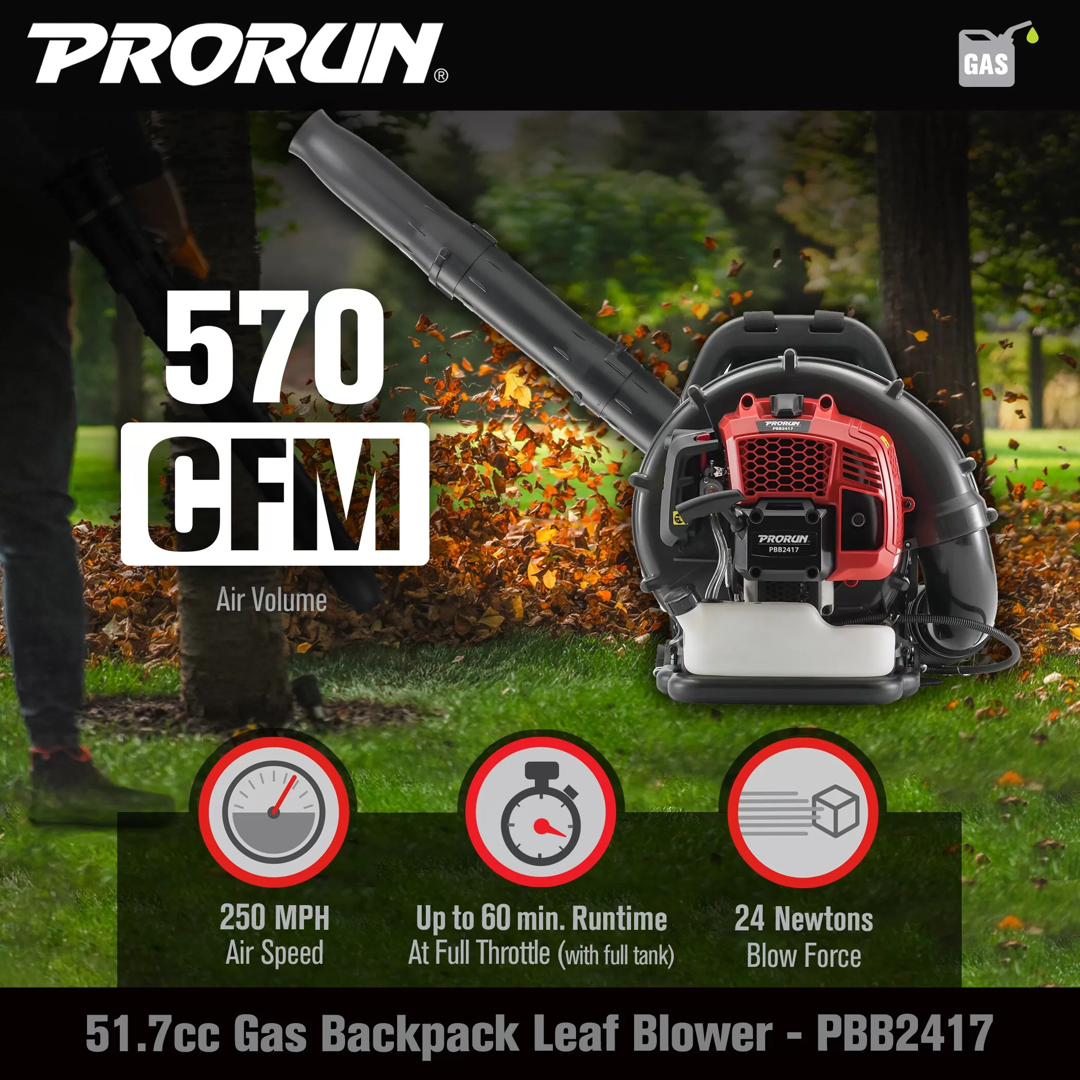 PRORUN PBB2417 51.7-cc 2-cycle 570-CFM 250-MPH Gas Backpack Leaf Blower