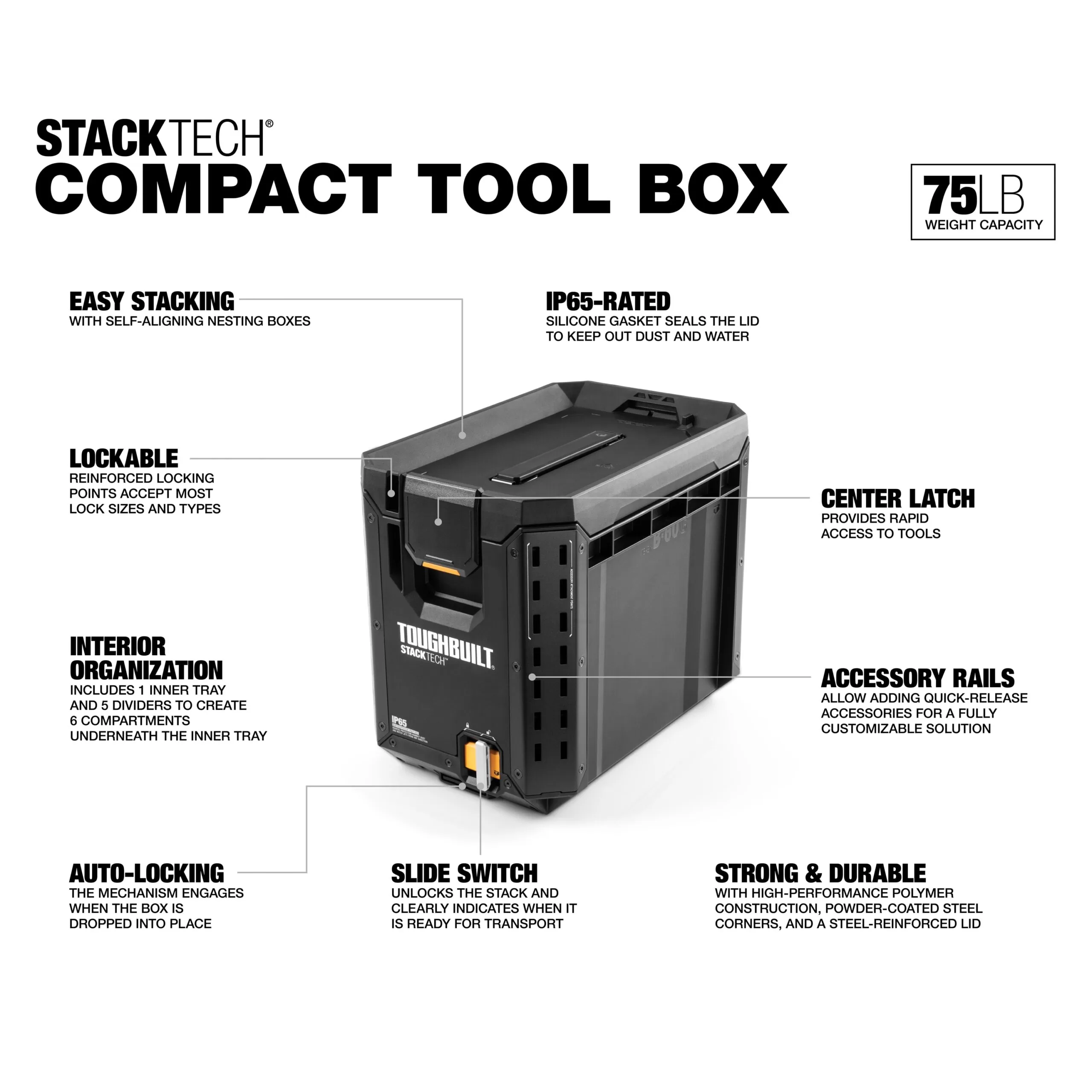 TOUGHBUILT STACKTECH Compact 10.4-in Black Plastic Lockable Tool Box