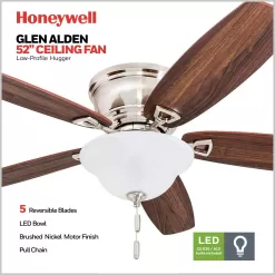 Honeywell Glen Alden 52-in Brushed Nickel Indoor Flush Mount Ceiling Fan with Light (5-Blade)
