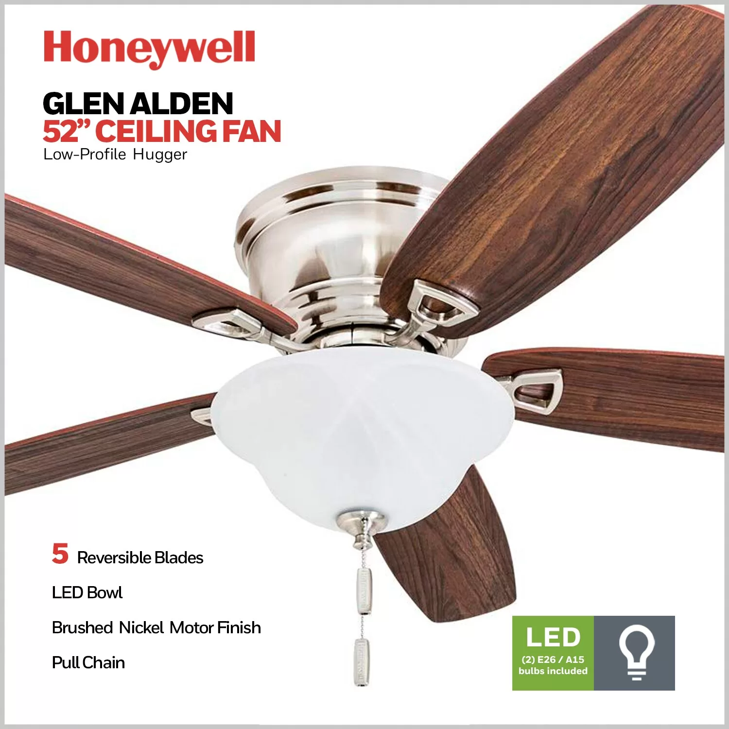 Honeywell Glen Alden 52-in Brushed Nickel Indoor Flush Mount Ceiling Fan with Light (5-Blade)
