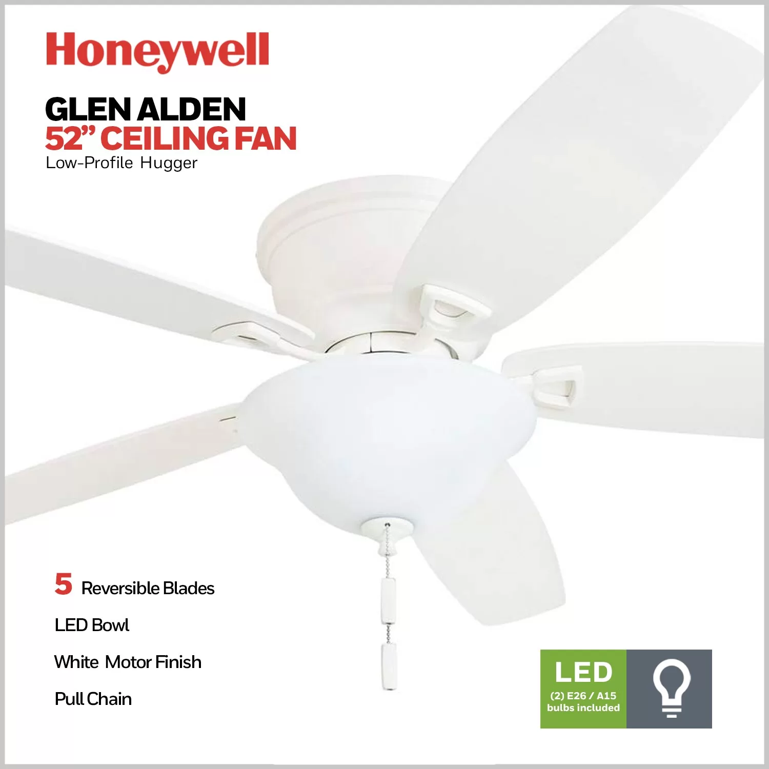 Honeywell Glen Alden 52-in White Indoor Flush Mount Ceiling Fan with Light (5-Blade)