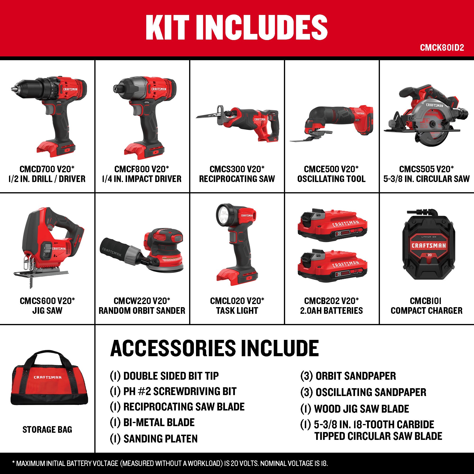 CRAFTSMAN 8-Tool Power Tool Combo Kit with Soft Case (2-Batteries Included and Charger Included) - Image 2