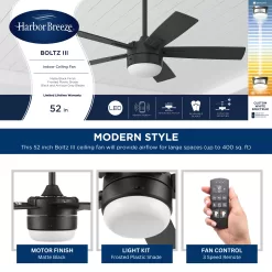 Harbor Breeze Boltz III Easy2Hang 52-in Matte Black Color-changing Indoor Ceiling Fan with Light and Remote (5-Blade)