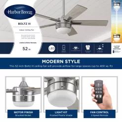 Harbor Breeze Boltz III Easy2Hang 52-in Brushed Nickel Color-changing Indoor Ceiling Fan with Light and Remote (5-Blade)
