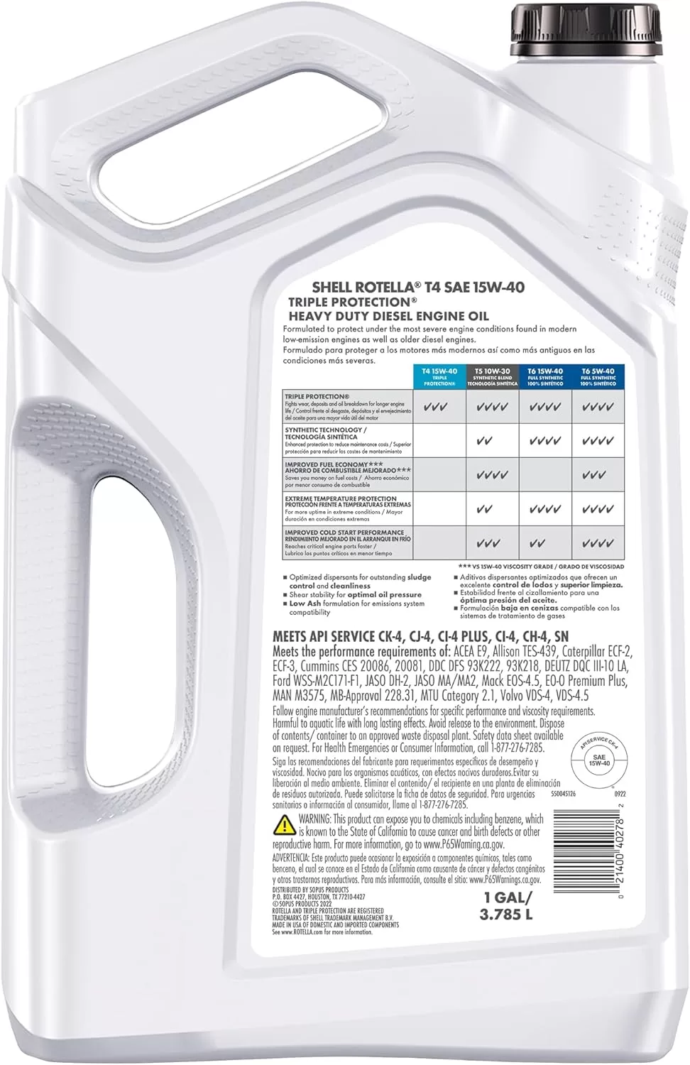 Shell Rotella T4 Triple Protection Conventional 15W-40 Diesel Engine Oil (1-Gallon, Case of 3)