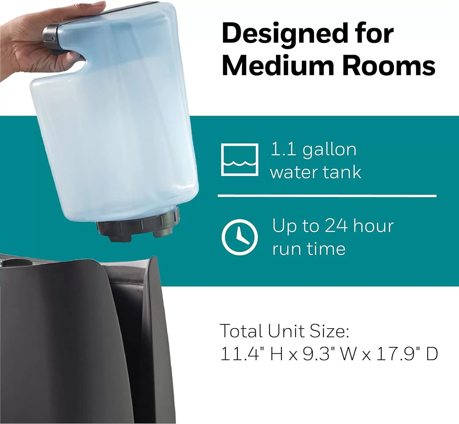Honeywell Cool Moisture Humidifier, Medium Room, 1.1 Gallon Tank, Black