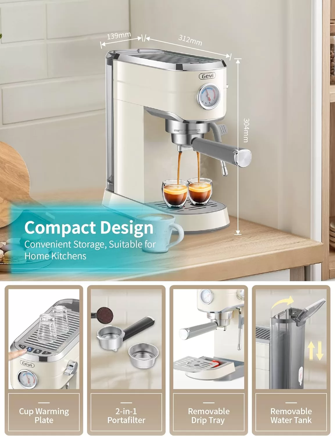 Gevi Espresso Machine 20 Bar, Professional Espresso Maker with Milk Frother Steam Wand, Compact Semi-Automatic Espresso Machines