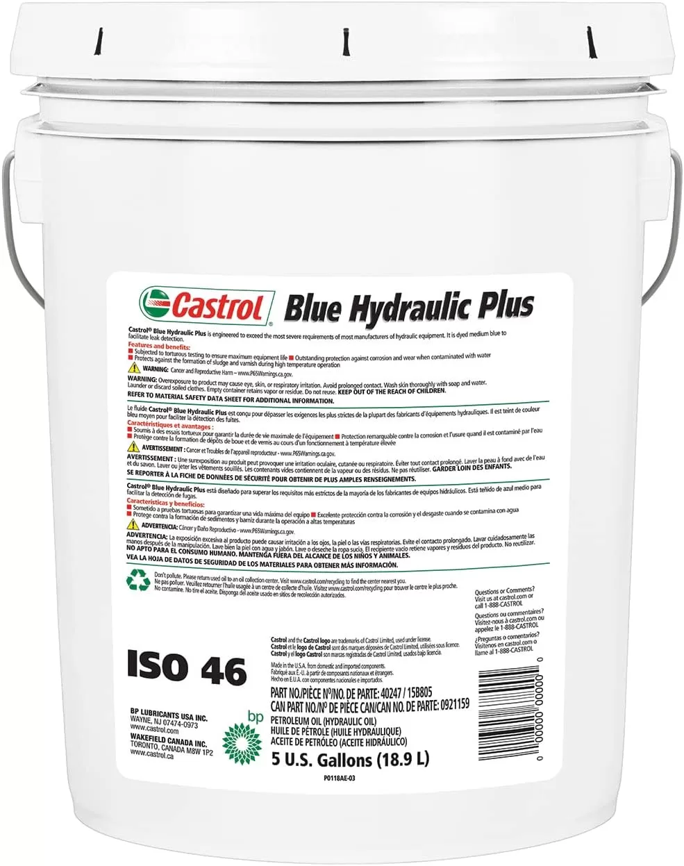 Castrol - 15B805 40247 Blue 'Hydraulic Plus 46' Hydraulic Fluid - 5 Gallon