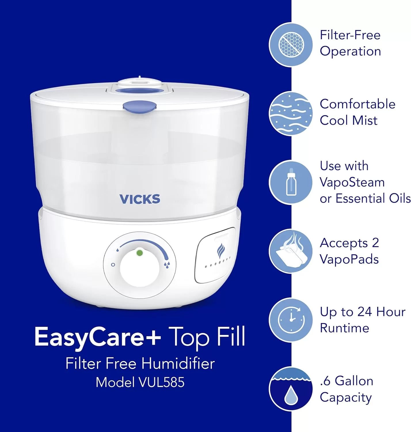 PUR Vicks EasyCare+ Top Fill Filter-Free Cool Mist Humidifier, White