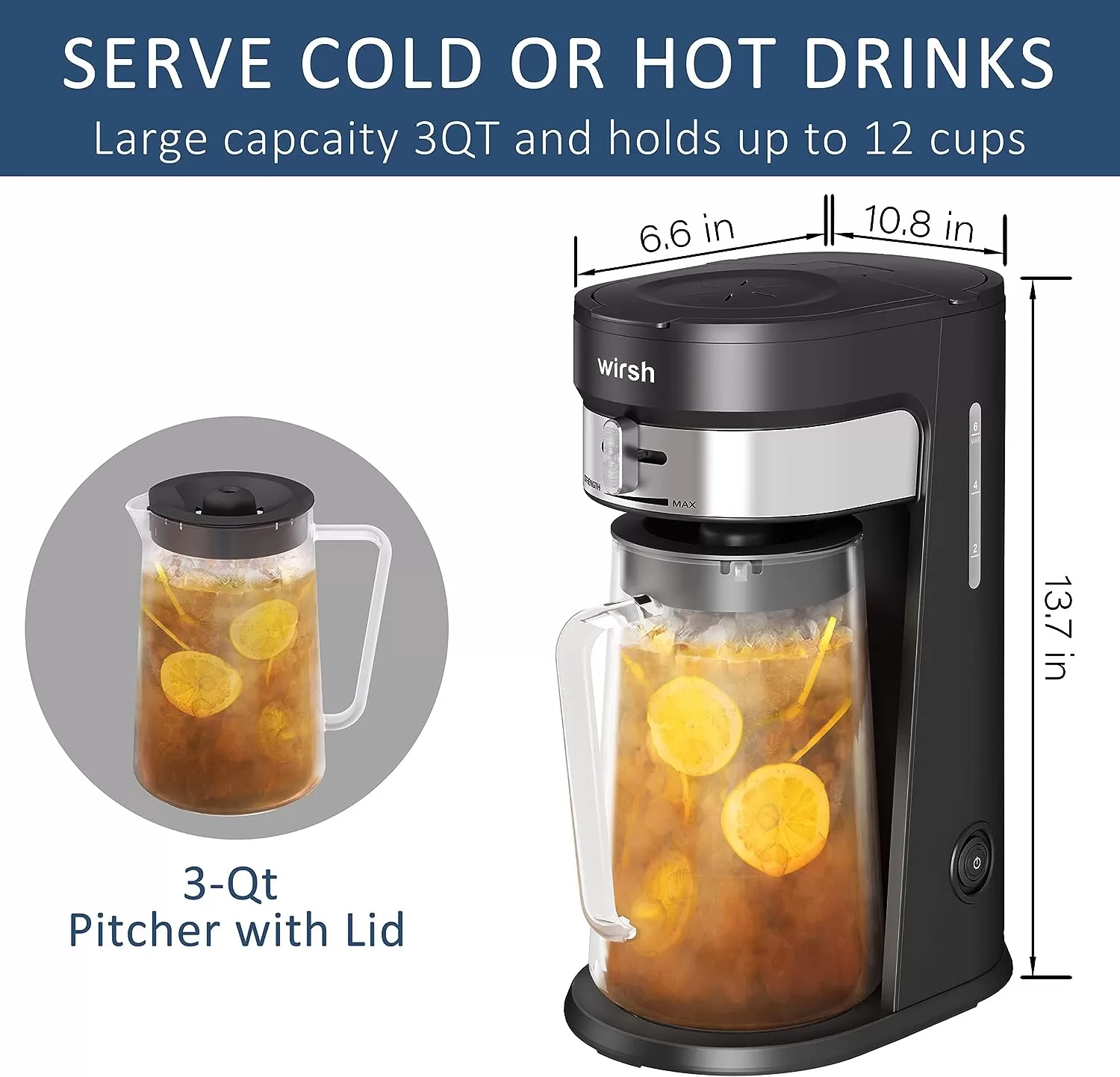 wirsh Iced Tea Maker with 85 Ounce Pitcher, Strength Control and Reusable Filter, Black