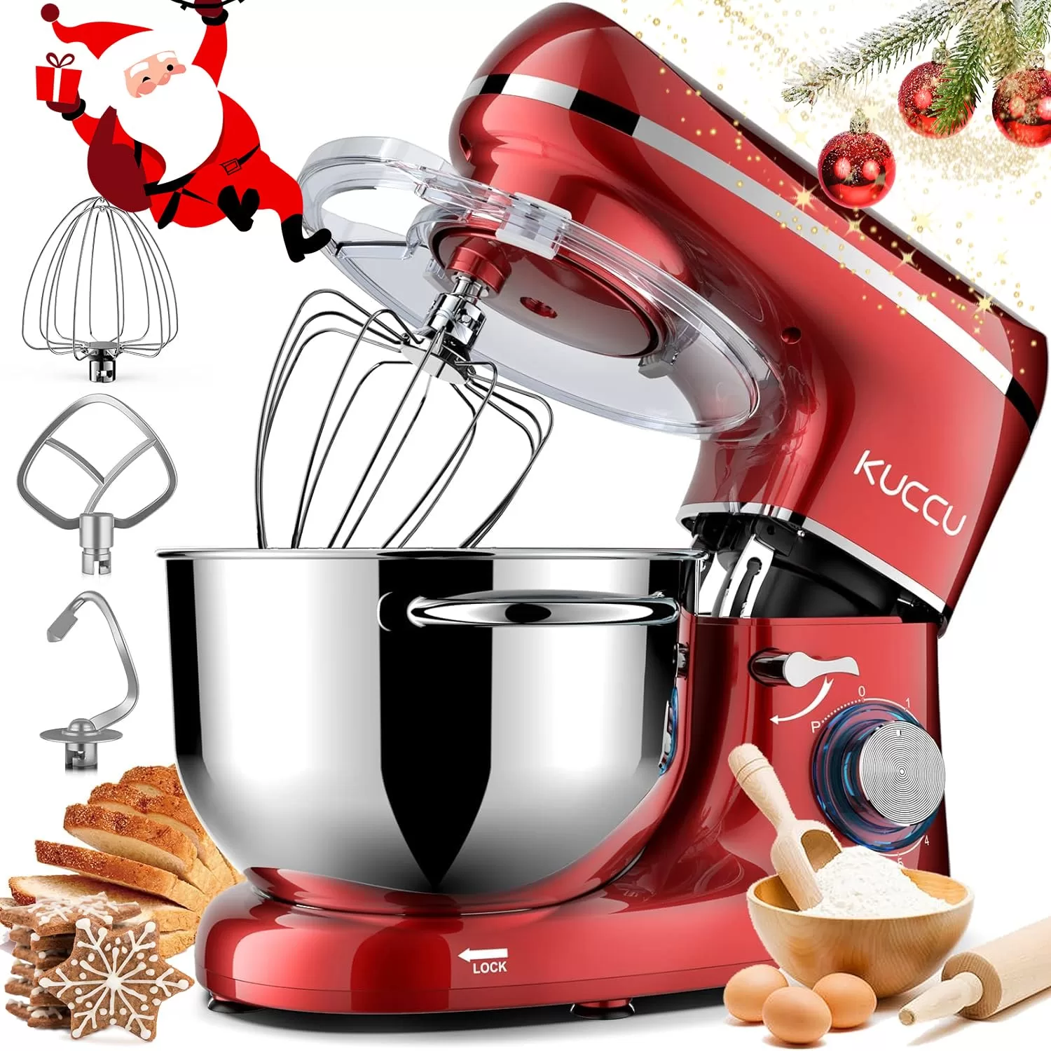 KUCCU Stand Food Mixer, 6.5 Qt 660W, 6-Speed Tilt-Head , Kitchen Electric Mixer with Stainless Steel Bowl (6.5-QT, Red)