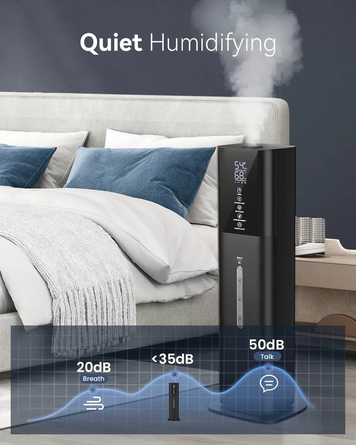 Let'me Humidifiers for Bedroom, 2.11Gal 8L Quiet Humidifiers for Large Room with Timer