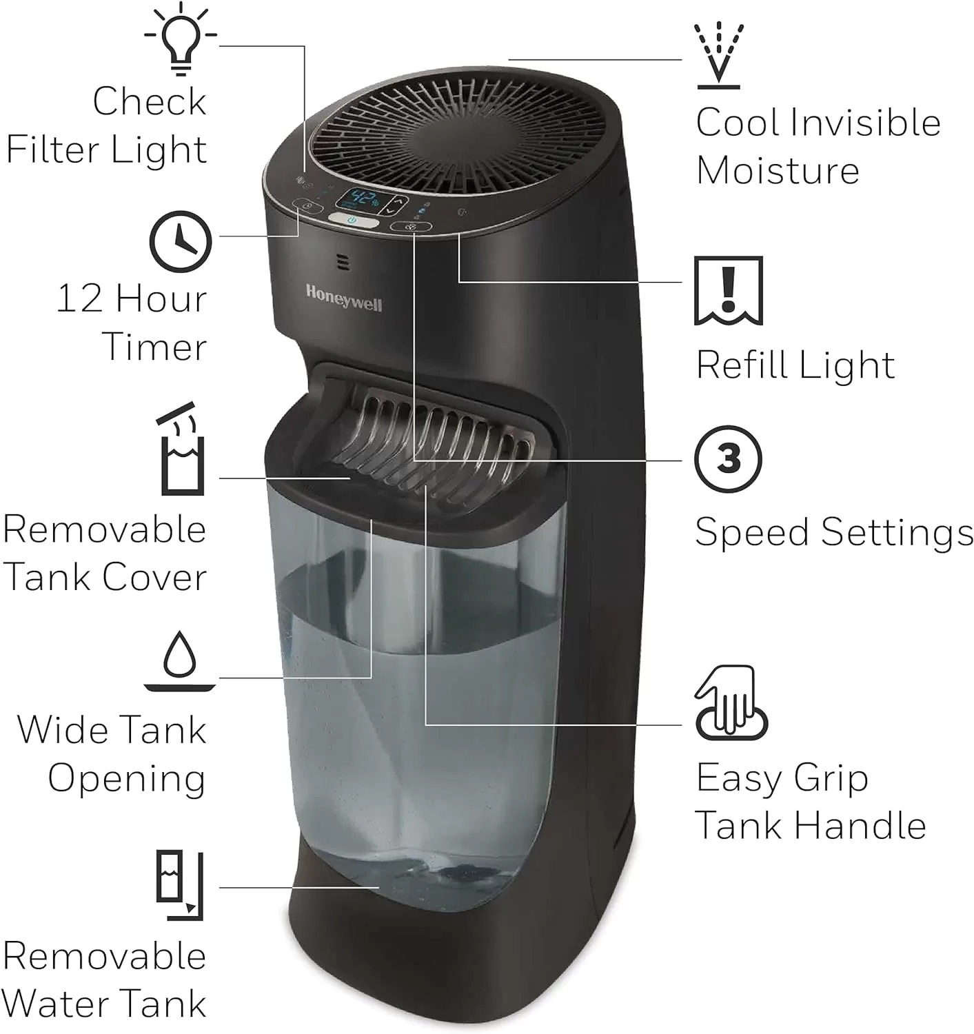 Honeywell Top Fill Tower Humidifier, Digital Humidistat, Black – Cool Mist Humidifier
