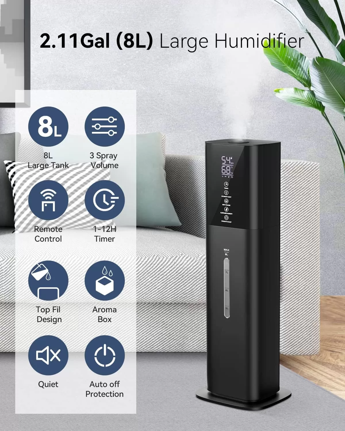 Let'me Humidifiers for Bedroom, 2.11Gal 8L Quiet Humidifiers for Large Room with Timer