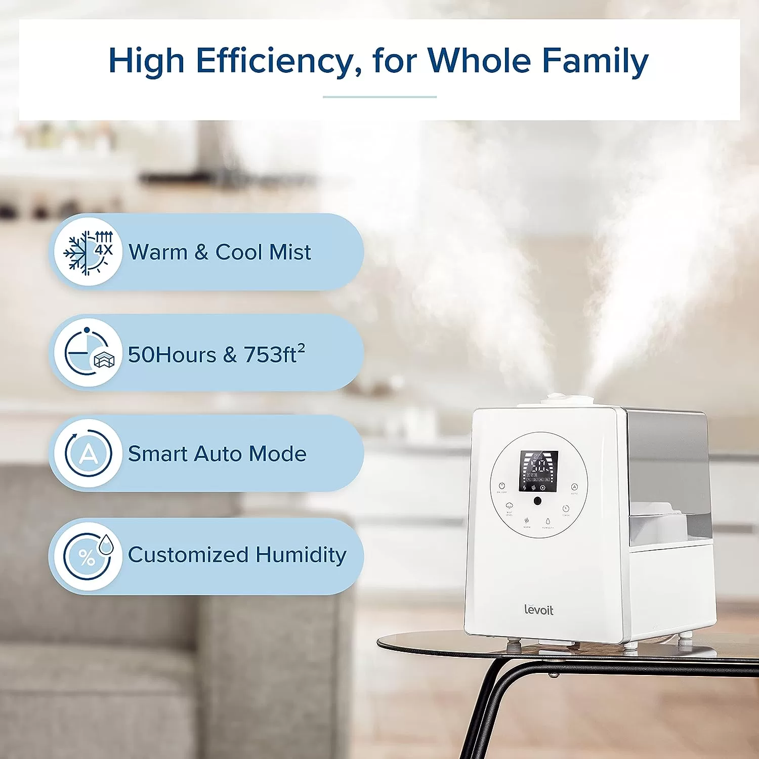 LEVOIT Humidifiers for Bedroom Large Room Home, 6L Warm and Cool Mist Ultrasonic Air Vaporizer, White