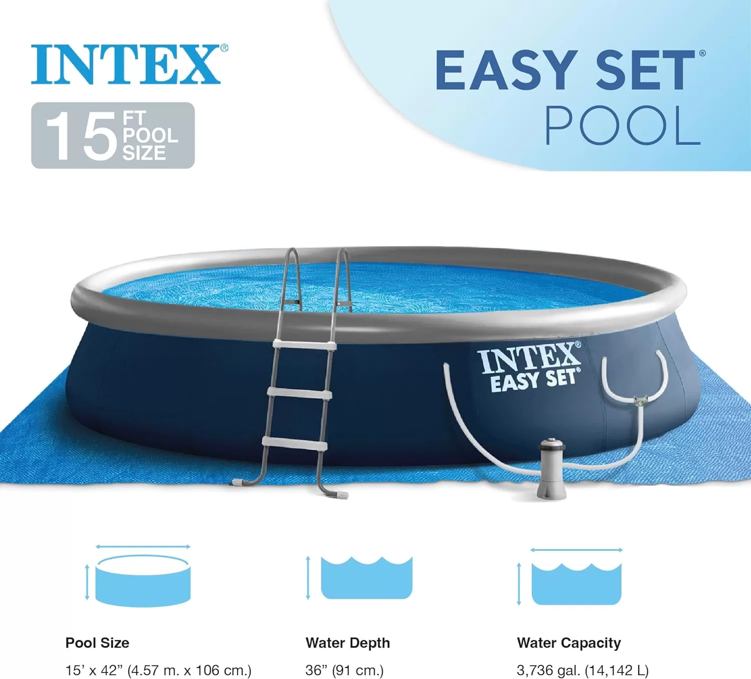 Intex Easy Set 15' x 42" Round Inflatable Outdoor Above Ground Swimming Pool Set