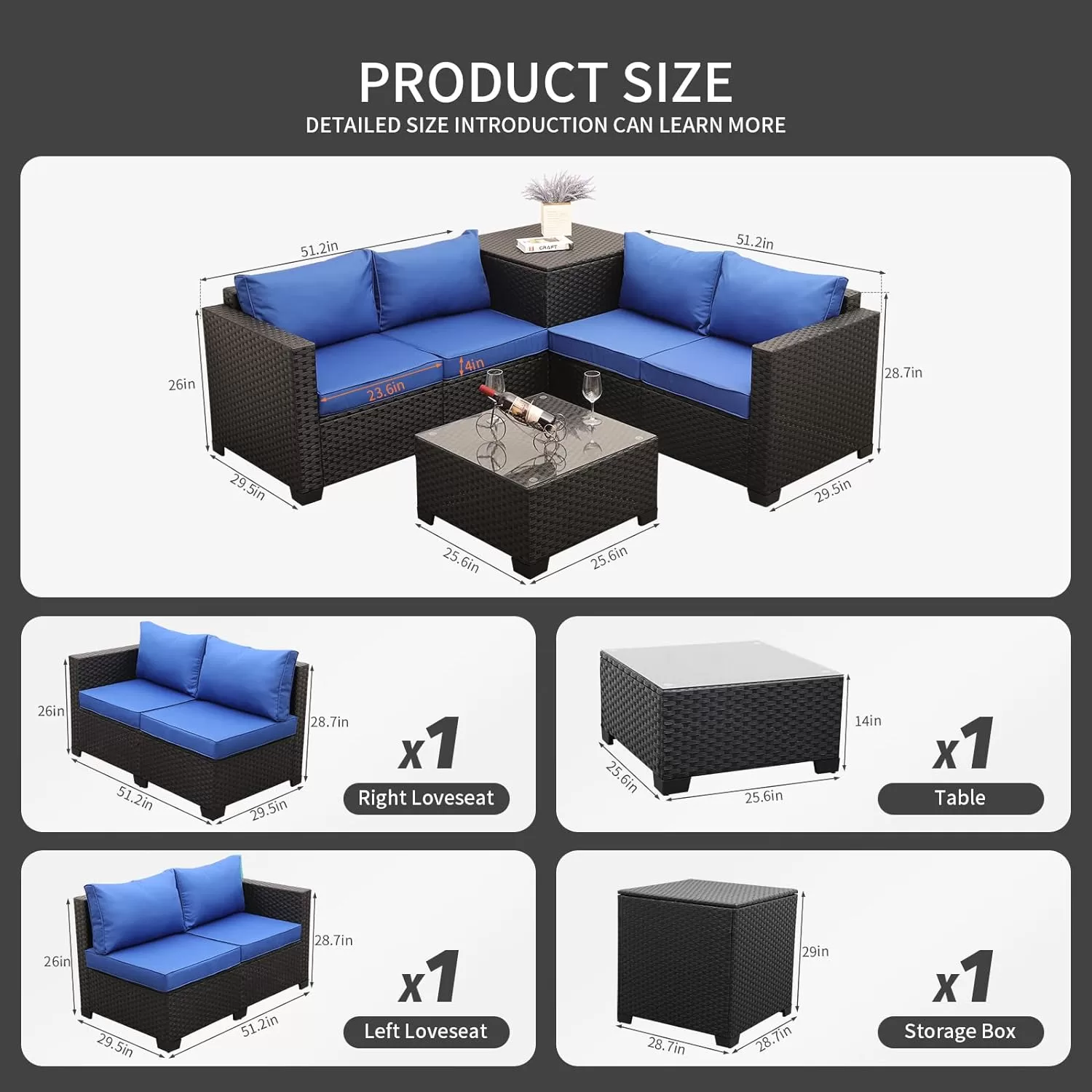 Outdoor PE Wicker Furniture Set 4 Piece Patio Black Rattan Sectional Loveseat Couch Set Conversation Sofa